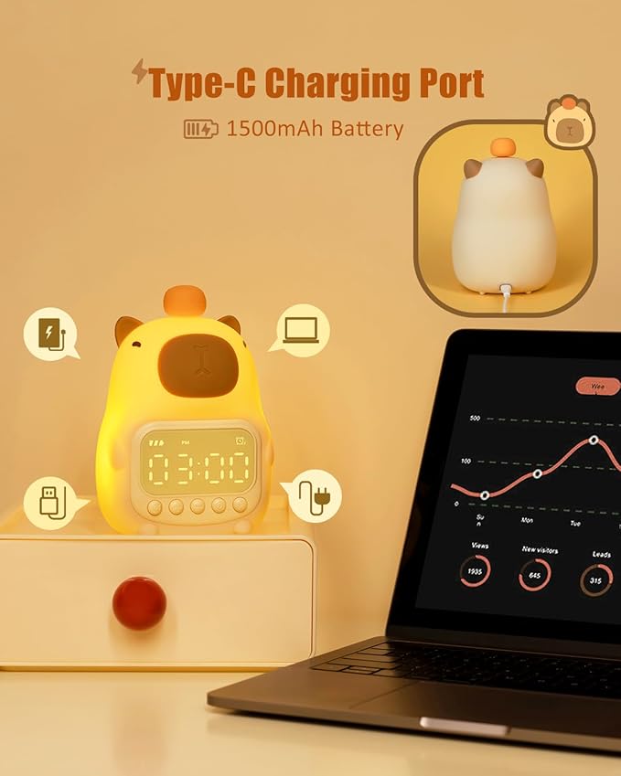 Capybara Alarm Clock with Night Light for Kids, Cute Toddler Alarm Clocks for Bedrooms Ok to Wake Clocks for Girls and Boys, Rechargeable Silicone Animal Tabletop Lamp for Kid - Bloomnest