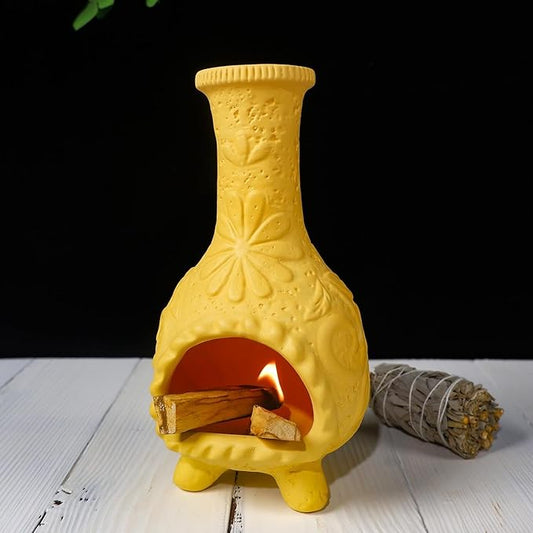 Yellow Floral Reliefs Palo Santo Burner Holder-Mexican Mini Chiminea Inspired,Chimney for Smudging Sage/Incense Cones/Sticks for Altar/Zen Rituals, Handmade Decor for Witchcraft Supplies - Bloomnest