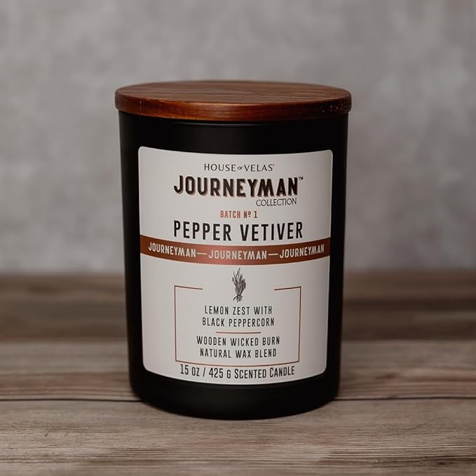 Journeyman Collection Candle, 15oz, Wooden Wick, Pepper Vetiver, Large Painted Jar - Bloomnest