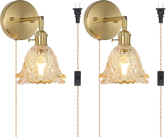 Vintage Plug in Wall Sconces Set of 2, Cabbage Amber Lampshade & 180 Degree Adjustable, Brass Wall Lights, for Bedroom Living Room Hallway Aisle, Bulbs Not Included, ETL Listed - Bloomnest