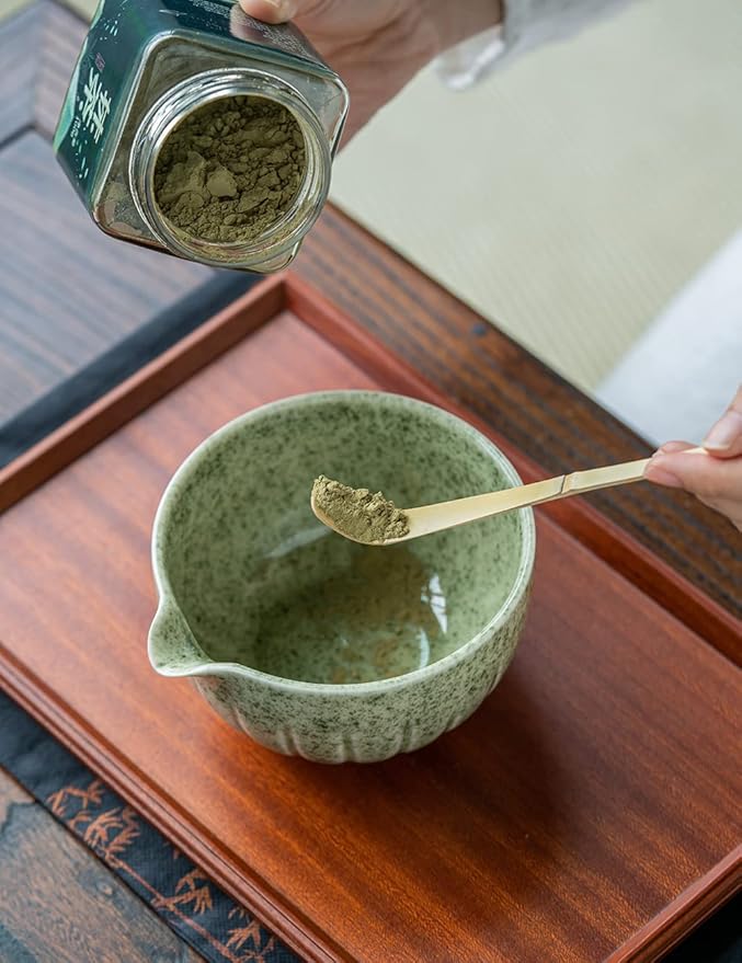 TANG PIN Matcha Set - Match Bowl with Spout and Whisk, 15 OZ, Matcha Scoop | Matcha Whisk Stand (Chasen Holder) - 4pc Perfect Matcha Kit for Matcha Tea Ceremony (Mottled Green) - Bloomnest