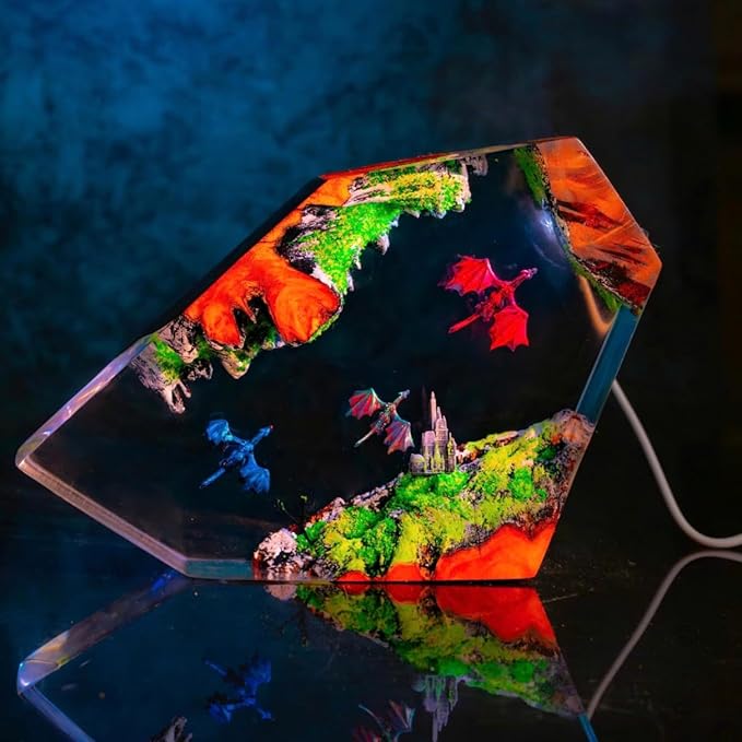 Handcrafted Ocean Scene Night Light, LED Resin Art Lamp with Sea Turtles and Divers, Decorative Table Lamp, Wooden Base (Dragons) - Bloomnest