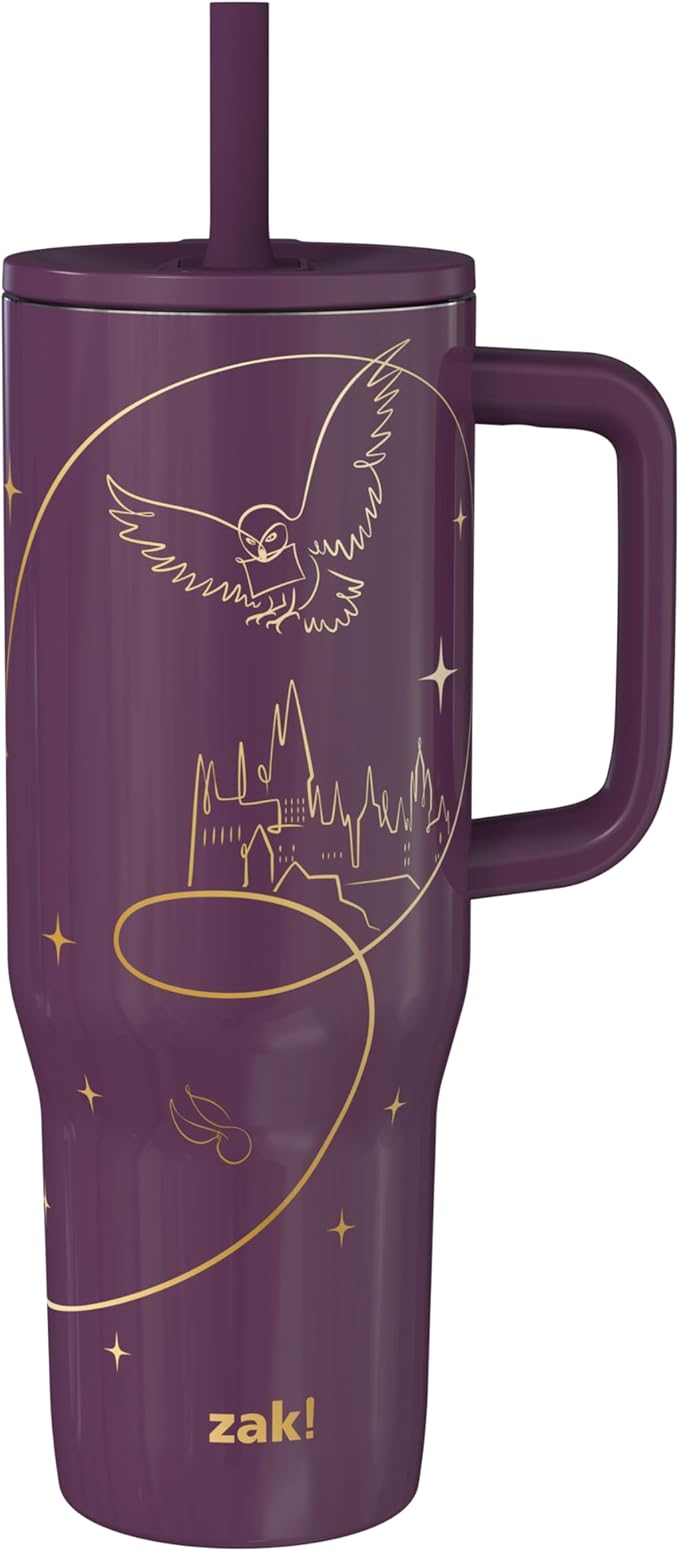 Zak Designs Harry Potter Sutton Travel Tumbler for On the Go, 30oz Stainless Steel with Vacuum Insulation, Silicone Straw, and Carry Handle for Cold Drinks (Hogwarts) - Bloomnest