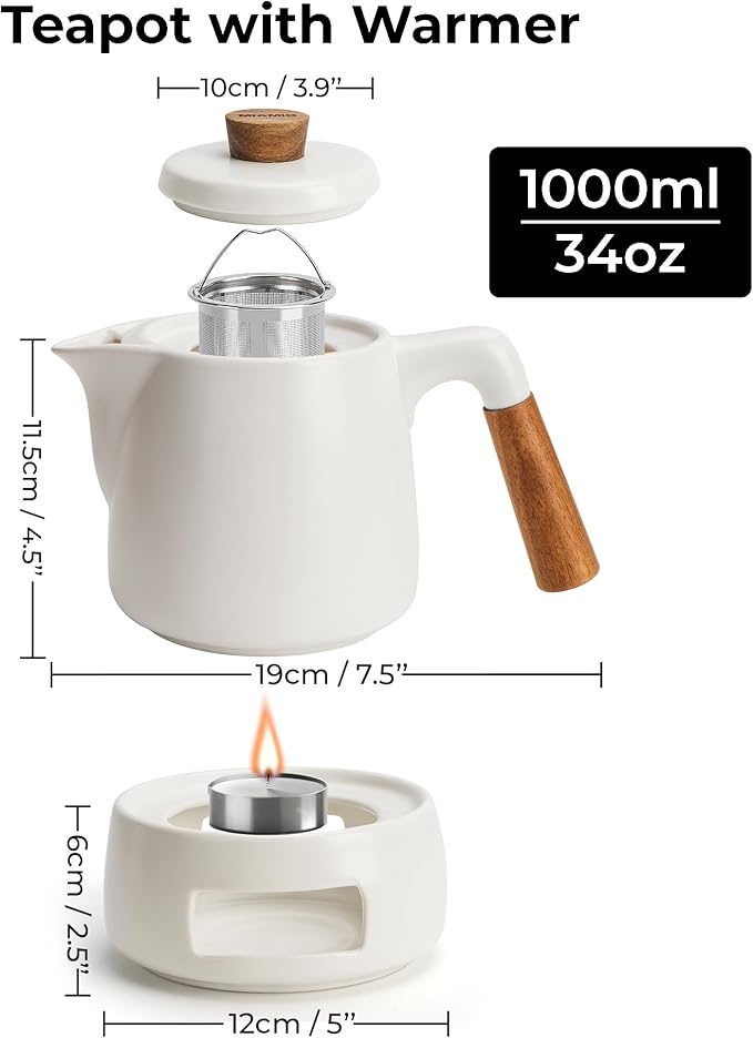 MIAMIO - Teapot Set with Warmer / 34 oz Tea Kettle with Infuser for Steeping Loose Tea Leaves - Gift for Women/Tea Lovers (White) - Bloomnest