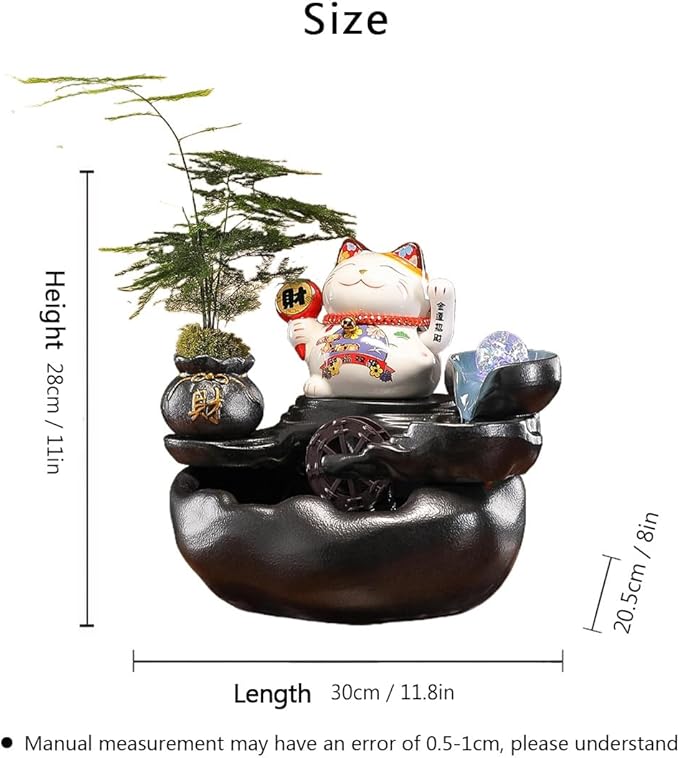 Desk Waterfall Fountain Indoor with Chinese Ceramic Lucky Cat Waving Arm Figurine，Tabletop Mini Water Fountains Decoration and Small Waterfalls - Bloomnest
