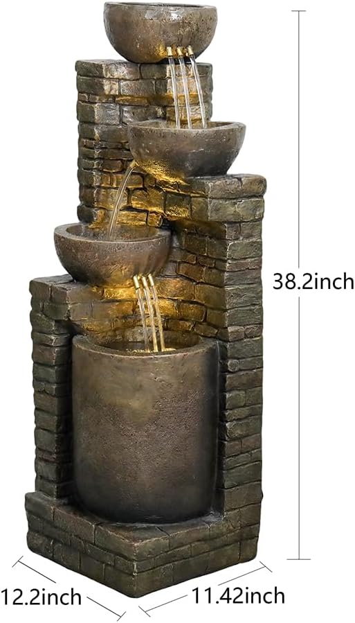 38.2 ''H Cascading Bowls and Stacked Stones with Led Lights Outdoor Water Fountain for Gardens, Landscaping, Balconies, Floor Patio,Backyard and Home Art Decor