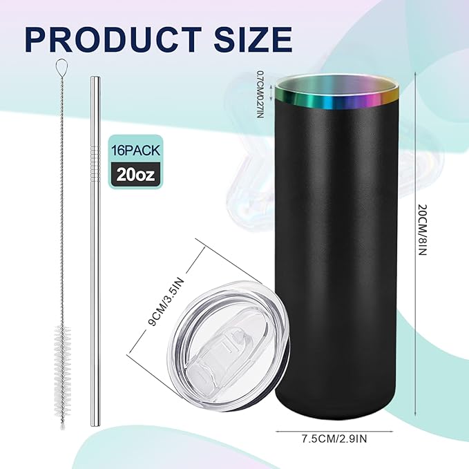 YOUKE OLA 8 Pack Rainbow Plated Stainless Steel Tumbler Straight Double Wall Powder Coated for Laser Engrave, 20oz Black To Iridescent - Bloomnest