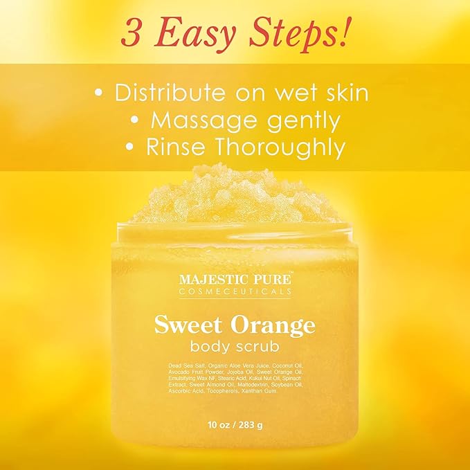 Majestic Pure Sweet Orange Body Scrub for All Natural Skin Care - Exfoliating Multi Purpose Body and Facial Scrub Moisturizes and Nourishes Face and Skin - 10 oz - Great Gift for Her - Bloomnest