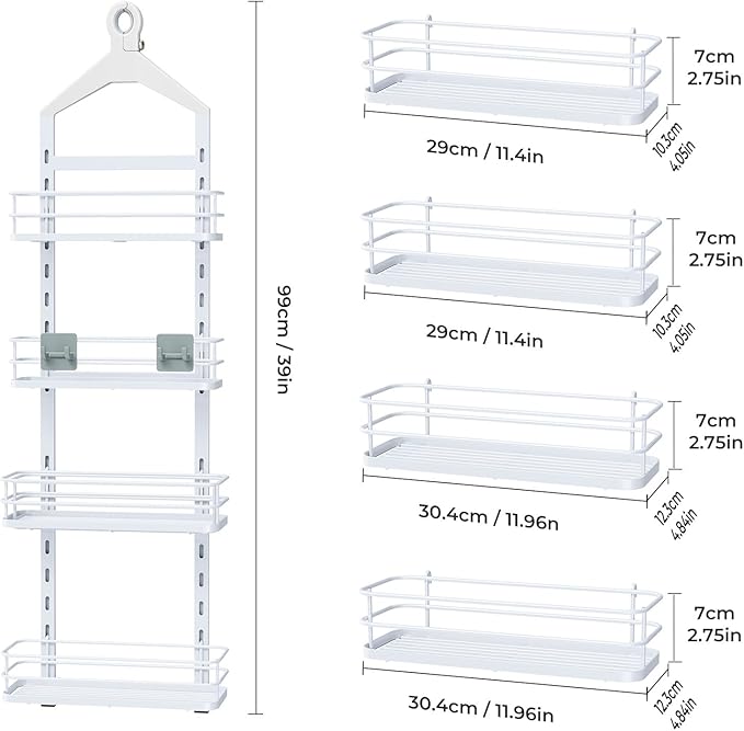 ODesign 4 Tier Height-Adjustable Shower Caddy Hanging Anti-Swing-Over The Shower Head Caddy-Storage Organizer Bathroom Shelves Basket-White - Bloomnest