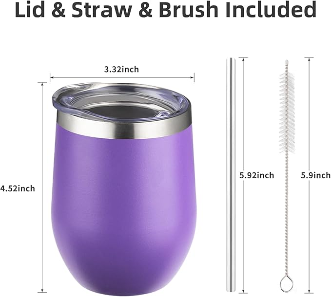 12 oz Insulated Wine Tumbler with Lid and Straw,Stainless Steel Stemless Wine Tumbler Double Wall Vacuum Wine Cups Tumbler Bulk for Coffee,Champaign,Cocktail,Office (Multicolor,8) - Bloomnest