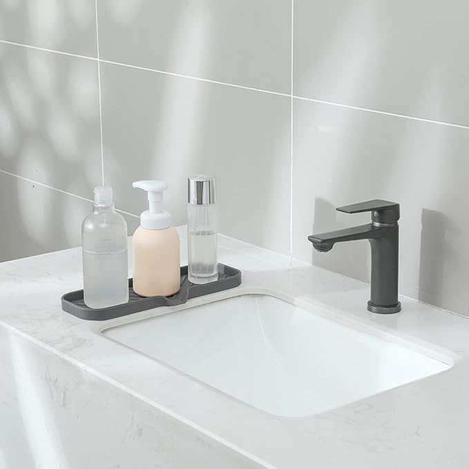 Silicone Bathroom Soap Dishes with Drain Spout-Bathroom and Kitchen Sink Organizer,Sponge Holder,Dish Soap Tray,Perfect for Dispenser,Scrubber,Bottle,Cup on Sink or Counter-Grey 12"×4" - Bloomnest