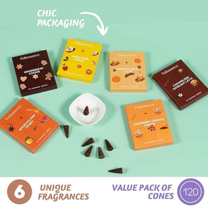 Folkulture Incense Cone Scented | Set of 6 (60) Fall Incense Cones for Relaxation | Pumpkin Spice Inscents or Gingerbread Fall Scents | Inscent Cone Variety Pack for Fall Essentials