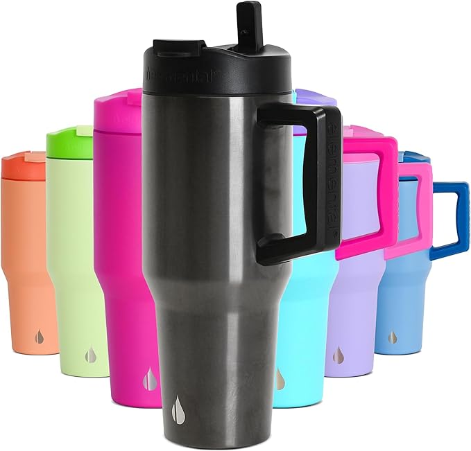 Elemental 32 oz 100% Leak Proof Tumbler with Handle & Straw - Stainless Steel Double Wall Insulated Tumbler for Hot and Cold Beverages - Travel Coffee Mug with Sip & Straw Lid - Gunmetal - Bloomnest