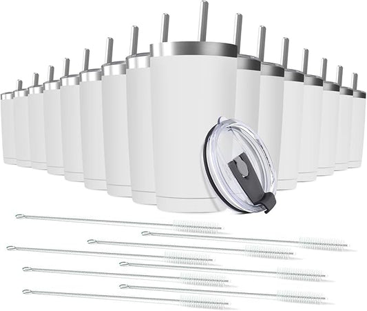 16 pack 20 oz Stainless Steel Insulated Tumbler with Straw and Lid, Double Wall Travel Coffee Mug Vacuum Insulated Bulk Tumbler, Suitable for Vehicle Cup Holders （White）