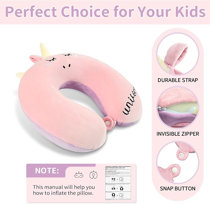 Neck Travel Pillow for Kids, Unicorn Airplane Memory Foam Pillow with Cute Sleep Mask & Earplugs, Lightweight Travelling Sleeping Pillow Set for Car, Train, Bus and Home Use (Pink) - Bloomnest