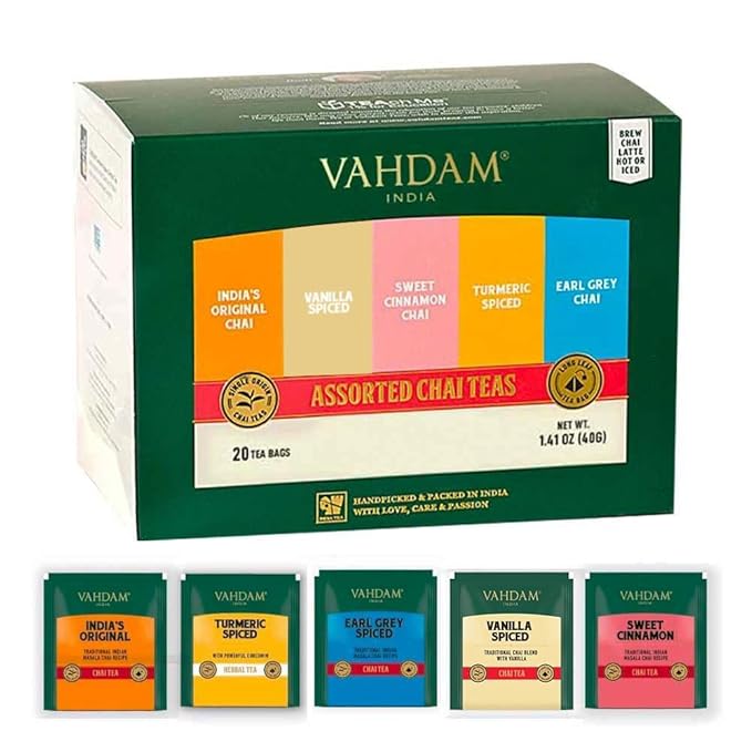 VAHDAM, Assorted Chai Tea Bags Sampler (5 Flavors, 20 Ecofriendly Pyramid Tea bags) I Gift Ideas for Women & Men | Masala Chai Tea Varieties from India | Gluten Free & Non GMO | Gifts for Him/Her - Bloomnest