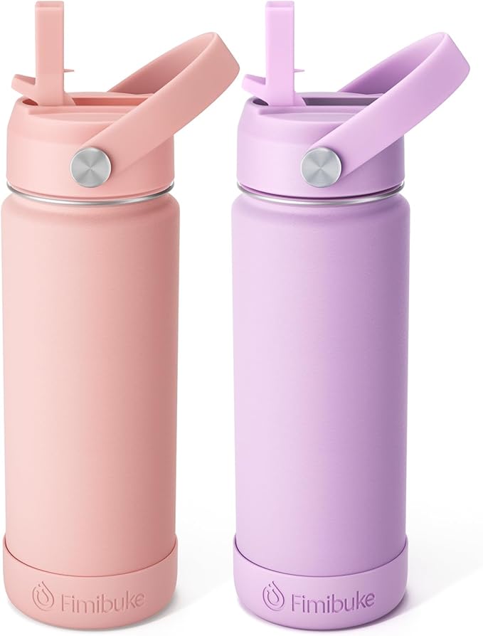 Fimibuke Kids Insulated Water Bottle, 18oz BPA FREE Kids Cups with Straw Double Wall Vacuum Tumbler 18/8 Stainless Steel Leak Proof Toddler Water Bottle for School Boys Girls (2 Pack, Milky Pastel) - Bloomnest