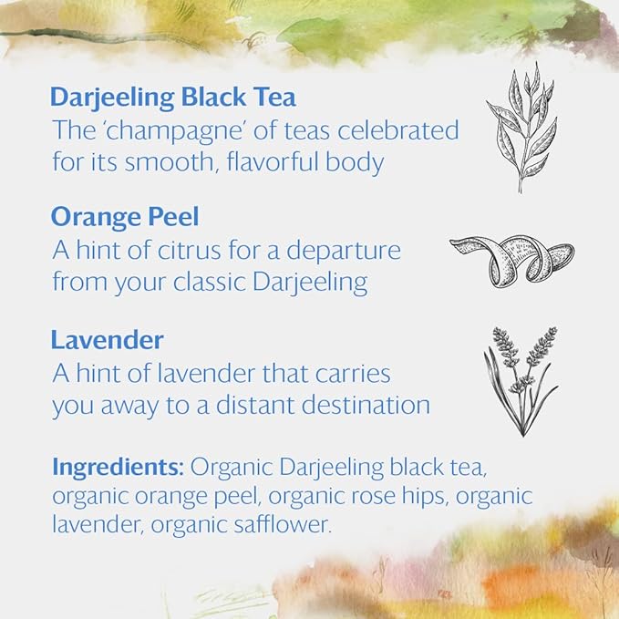 Grace Farms Organic Darjeeling Sunrise Black Tea, 16 Pyramid Sachets | Darjeeling & Orange | Fairtrade & Kosher |Gives Back 100% of Profits - Bloomnest