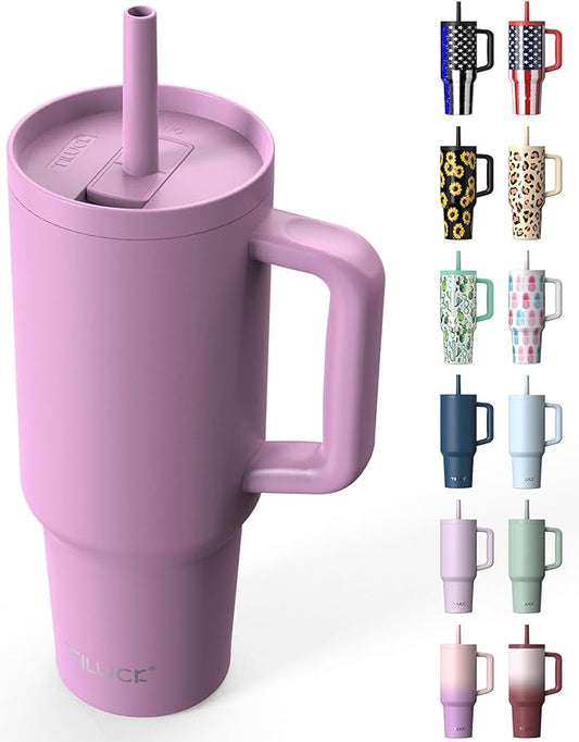 TILUCK 40 oz Tumbler with Handle, Vacuum Insulated Stainless Steel Travel Mug with 100% Leak-Proof Silicone Straw Lid, Cupholder Friendly Water Bottle(Lilac, 40oz)