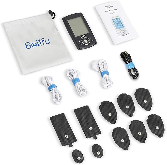Belifu Dual Channel TENS EMS Unit 24 Modes Muscle Stimulator for Pain Relief Therapy, Electronic Pulse Massager Muscle Massager with 10 Pads, Dust-Proof Drawstring Storage Bag, Fastening Cable Ties Belifu