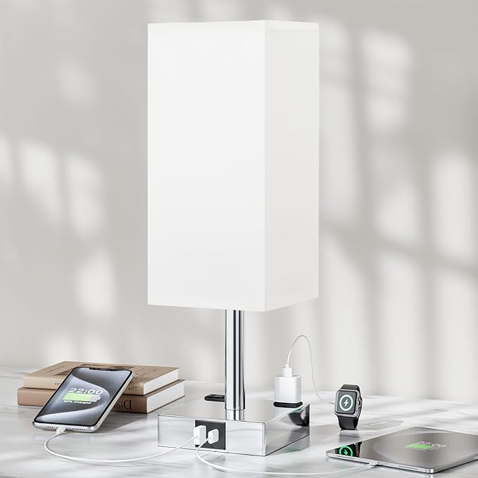 Touch Bedside Table Lamp for Nightstand - 3-Way Dimmable Night Lamp with USB A + Type C Charging Ports and Two AC Outlets, Small Desk Light with E26 LED Bulb for Bedroom Living Room Dorm Office,White - Bloomnest