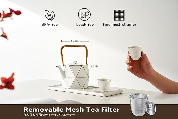 Toptier Cast Iron Teapot, Stovetop Safe Japanese Cast Iron Tea Kettle, Diamond Design Tea Pot with Removable Infuser for Loose Tea, 30 Ounce (900 ml), White - Bloomnest