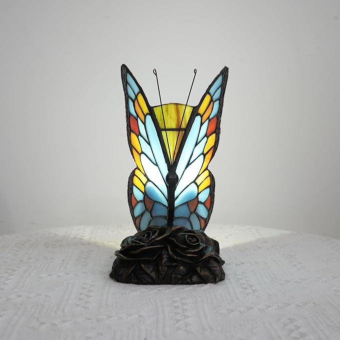 Sky Blue and Orange Bedside Lamp Cute Fun Butterfly Small Tiffany Lamp Vintage Style Stained Glass Table Lamp for Bedroom Dorm Decor Unique Nightstand Night Light Kids Gift Desk Lamps Rose Base - Bloomnest