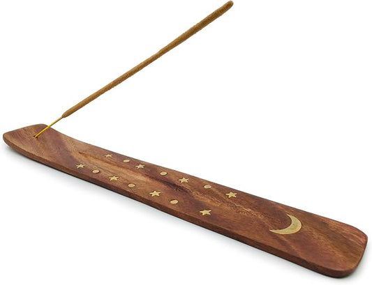 Moon and Stars Incense Holder - Wooden Ash Catcher with Celestial Design for Single Incense Sticks - Meditation Accessories, Spiritual Decor, Home Fragrance, Room Decor (10 Inches Long) - Bloomnest