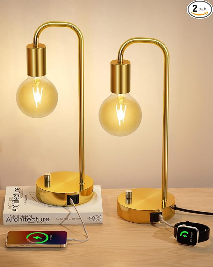 ONEWISH Industrial Table Lamp Set of 2 with USB A&C Charging Port, Stepless Dimmable Nightstand Bedside Lamps for Bedroom,Desk Lamps with 2700K Gold Gradient Bulb for Reading Living Room - Bloomnest
