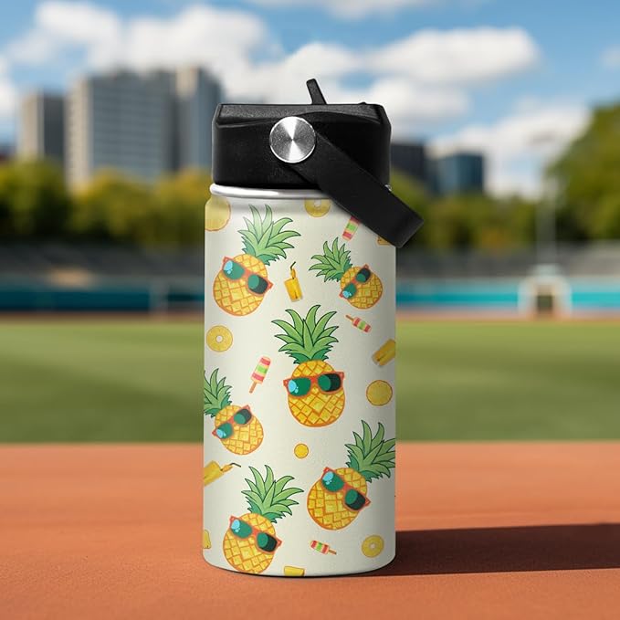 Kids Water Bottle Pineapple Water Bottles 12oz with Straw Insulated Stainless Steel Travel School Tumbler Double Wall Vacuum Cup for Girls Kid Boys - Bloomnest