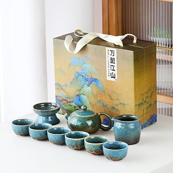 Chinese Tea Set, 10-Piece Ceramic Set with Teapot and Cups, Gongfu Tea Set,Tea Gift Sets,Outdoor and Office (Kiln-Changed Blue) - Bloomnest