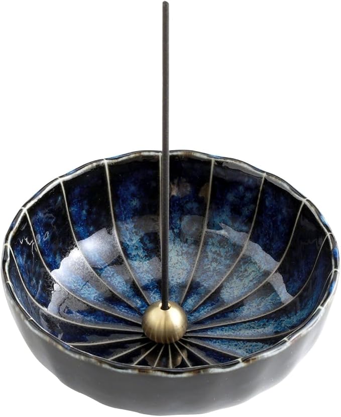 Asayu Japan Low Smoke Incense Gift Set with Incense Holder and Brass Stand, Premium Yoga Set (Lotus & Sandalwood) Incense Sticks with Navy Blue Lotus Holder - Bloomnest