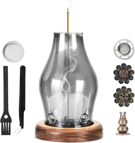 Glass Incense Holder for Sticks, Wooden Incense Stick Holder With Ash Catcher, Modern Insence-Stick Holder, Multi-Functional Anti-Ash Flying Incent Holder for Yoga Spa Meditation Home Zen Decor (Gray) - Bloomnest