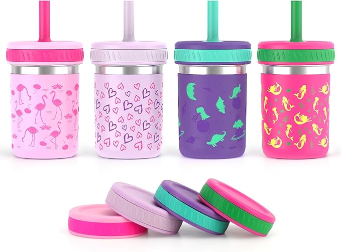 Sursip Toddler Kids Cups with Lids and Straws, Stainless Steel Toddler Spill Proof Sippy Cups for Smoothie & Snacks Drinking Jars, BPA-Free, Dishwasher Safe - 10 oz - Bloomnest