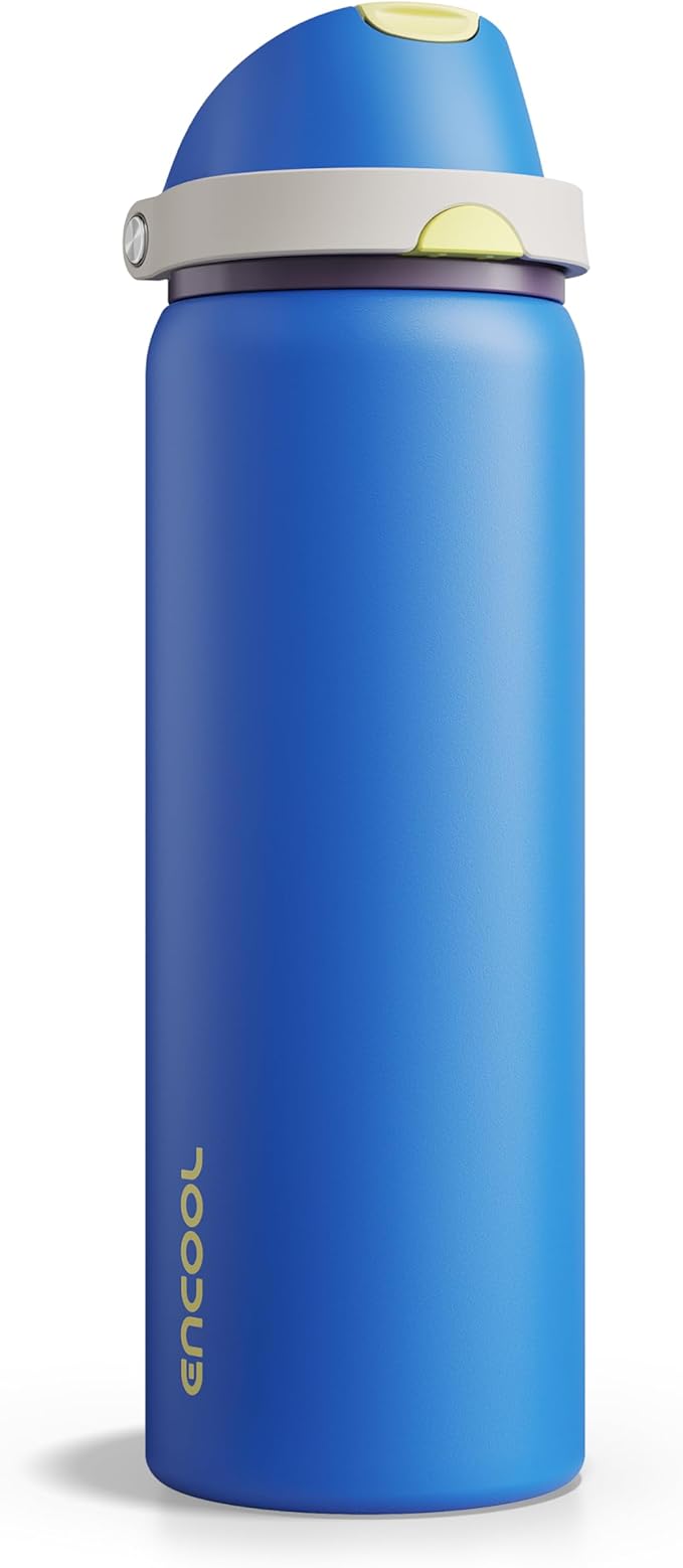 Insulated Water Bottle with Straw - Encool Stainless Steel Water Bottle with Push Button Lid, Leak-Proof & BPA-Free, Keeps Cold for 24 Hours for Sports, Travel, Gym (32 oz, Sapphire) ENCOOL