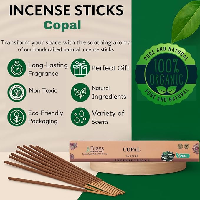 Bless-Copal 100%-Natural-Handmade-Hand-Dipped-Incense-Sticks Organic-Chemicals-Charcoal-Free Purification-Relaxation-Positivity-Yoga-Meditation Best-Woods-Scent (100 Sticks(5.25 OZ)) BlessInternational