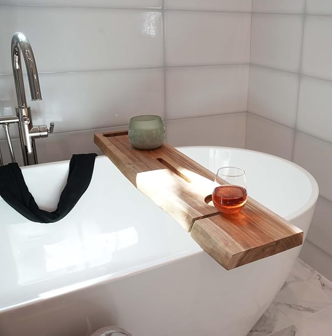 EcoDecors Eleganto 50" Live Edge Solid Teak Bath Caddy Tray with Handle, Book & Tablet Holder, Wine Glass Holders, Luxury Bathtub Tray - Bloomnest