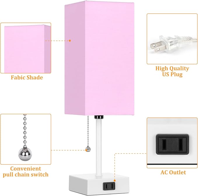 15'' Table Lamp for Bedroom set of 2,3-Color Bedside Lamps with Pull Chain Table Lamps for Night stands ,Small Night Light Lamps with 2 Bulbs Lamps for Living Room Kids Room Office Decor（Pink+White） - Bloomnest