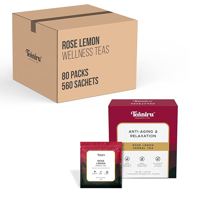 Teaniru, Rose Lemon Tea, 1 Carton (Box of 80) - 560 Sachets | Pyramid Tea Bag | Wellness Tea For Corporates & Restaurant & Tea Lovers | Gluten Free, Sugar-Free - Brew Hot or Cold - Bloomnest
