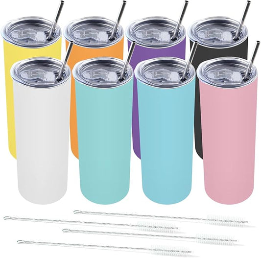 Amtidy 8 Pack 20 oz Insulated Slim Tumbler with Lid and Straw, Powder Coated Double Wall Vacuum Insulated Tumbler for Hot and Cold Drinks - Bloomnest