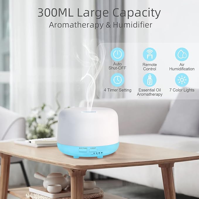 300ML Essential Oil Diffuser with Remote Control, 7 LED Color Changing Light, 8 Hour Cool Mist Fragrance Air Humidifier - Bloomnest