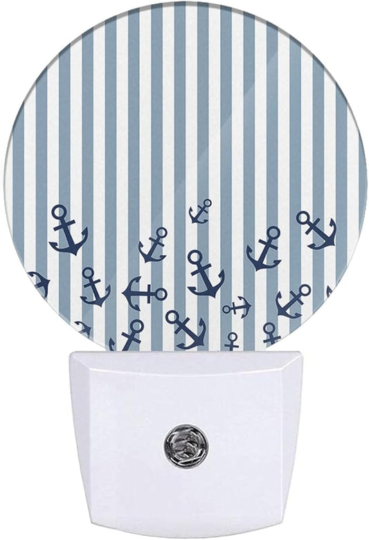 EKOBLA Watercolor Anchor LED Night Light Blue and White Stripes Nautical Coastal Dusk to Dawn Plug-in Nightlights Auto Sensor for Home Indoor Bathroom Hallway Kitchen - Bloomnest