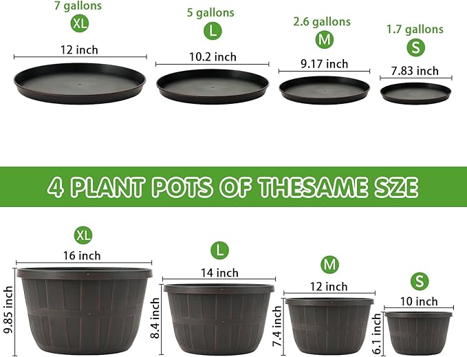 Quarut 14 Inch Plastic-Flower-Pot-for-Indoor-Plants, 4 Pack Large Outdoor Planter Pot with Drainage Holes & Saucers, Resin Decorative Garden Pots Planters（Brown） - Bloomnest