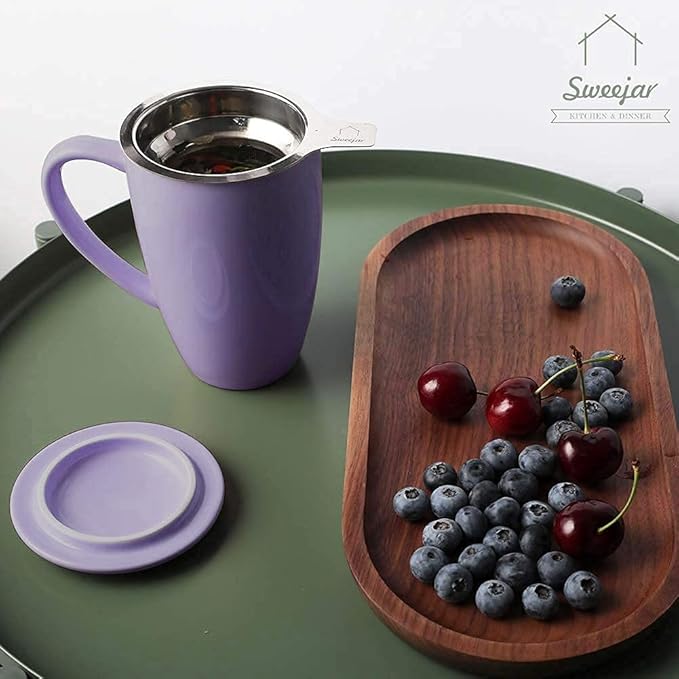 Sweejar Porcelain Tea Infuser Mug with Lid, 16 oz Teacup with Strainers for Loose Leaf Tea, Microwave and Dishwasher Safe Coffee Mug(Purple) - Bloomnest