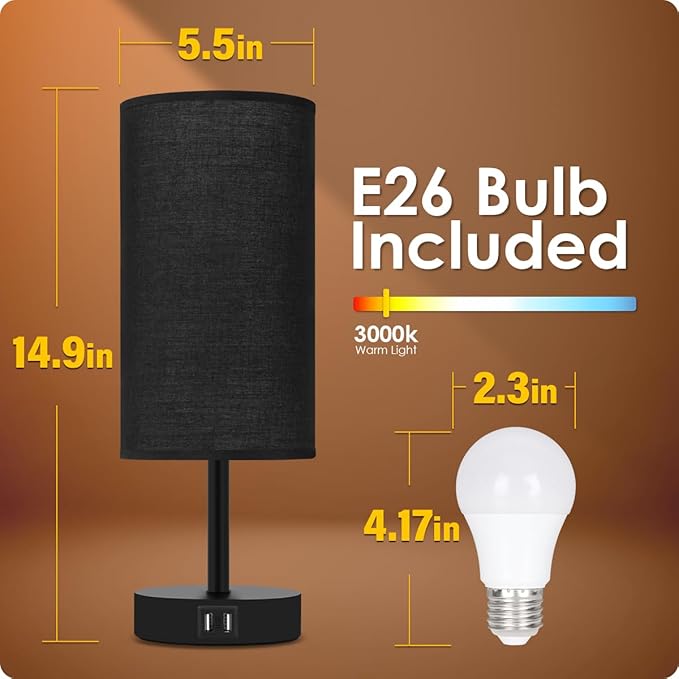 Yarra-Decor Bedside Lamps with USB Port - Touch Control Table Lamp for Bedroom 3 Way Dimmable Nightstand Lamp Set of 2 with Round Black Fabric Shade for Living Room, Dorm, Home Office (Black, 2 Pack) - Bloomnest