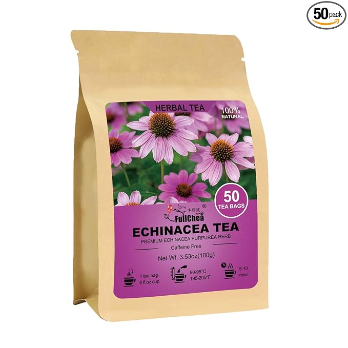 FullChea - Echinacea Tea Bags, 50 Count, 2g/bag - Premium Echinacea Purpurea Herb - Non-GMO - Caffeine-free - Aid Digestion & Boost Immunity - Bloomnest