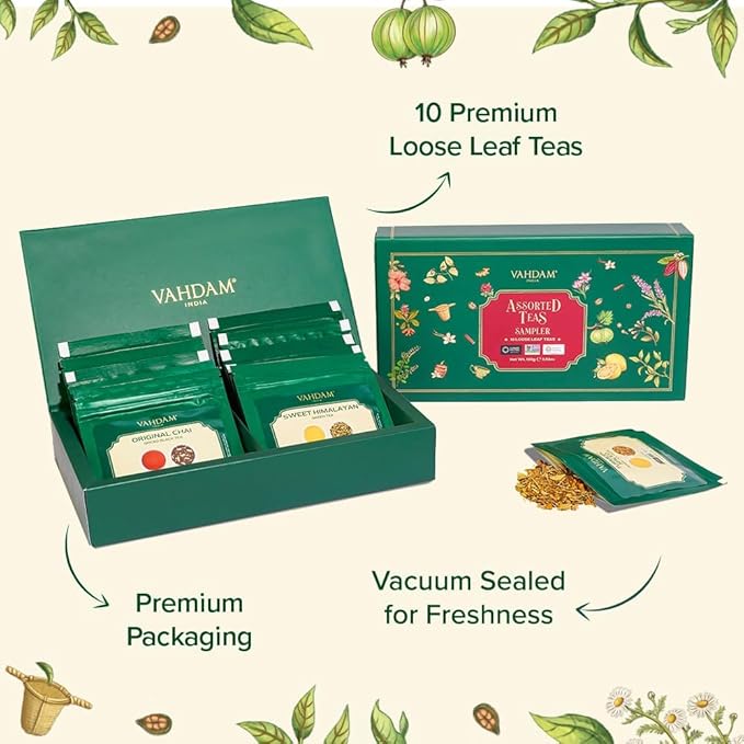 VAHDAM, Assorted Loose Leaf Tea Gift Set (10 Flavors, 100 gm) Gift Ideas for Women & Men | Herbal Tea, Green Tea, Chai Tea & Black Tea Sampler| Non-GMO, Gluten Free | Gifts for Him/Her - Bloomnest