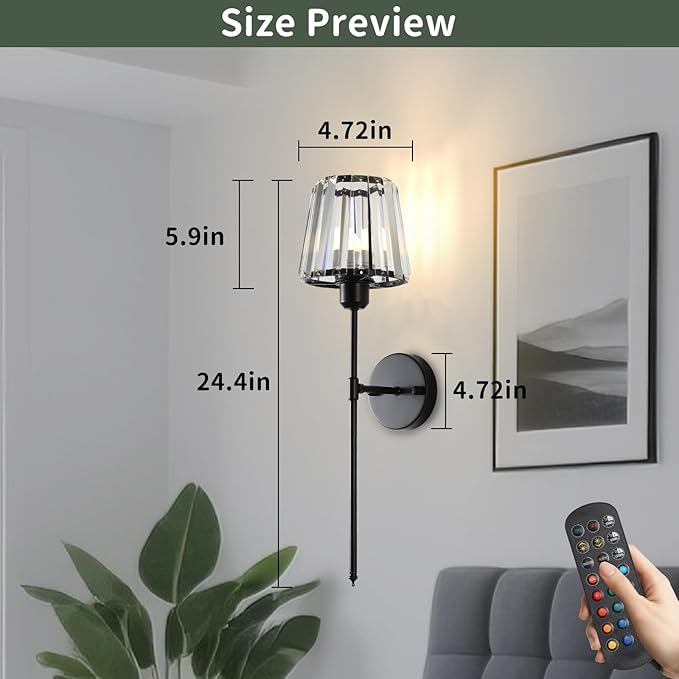 Battery Operated Crystal Wall Sconce Set of 2, Matte Black Wireless Wall Light with Remote Control, LED Dimmable 15 Colors USB Rechargeable Light Bulbs Wall Lamp for Bedroom Living Room Hallway - Bloomnest