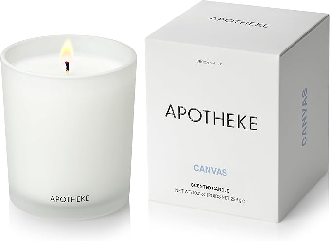 Apotheke Signature Scented Candles for Home, Canvas - 10.5 oz - Soy Wax, Non Toxic, Large Jar White - Luxury Candle Gifts for Women & Men - White Musk, Dew Drops, and Lily of The Valley - Bloomnest