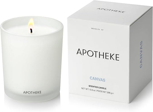 Apotheke Signature Scented Candles for Home, Canvas - 10.5 oz - Soy Wax, Non Toxic, Large Jar White - Luxury Candle Gifts for Women & Men - White Musk, Dew Drops, and Lily of The Valley - Bloomnest